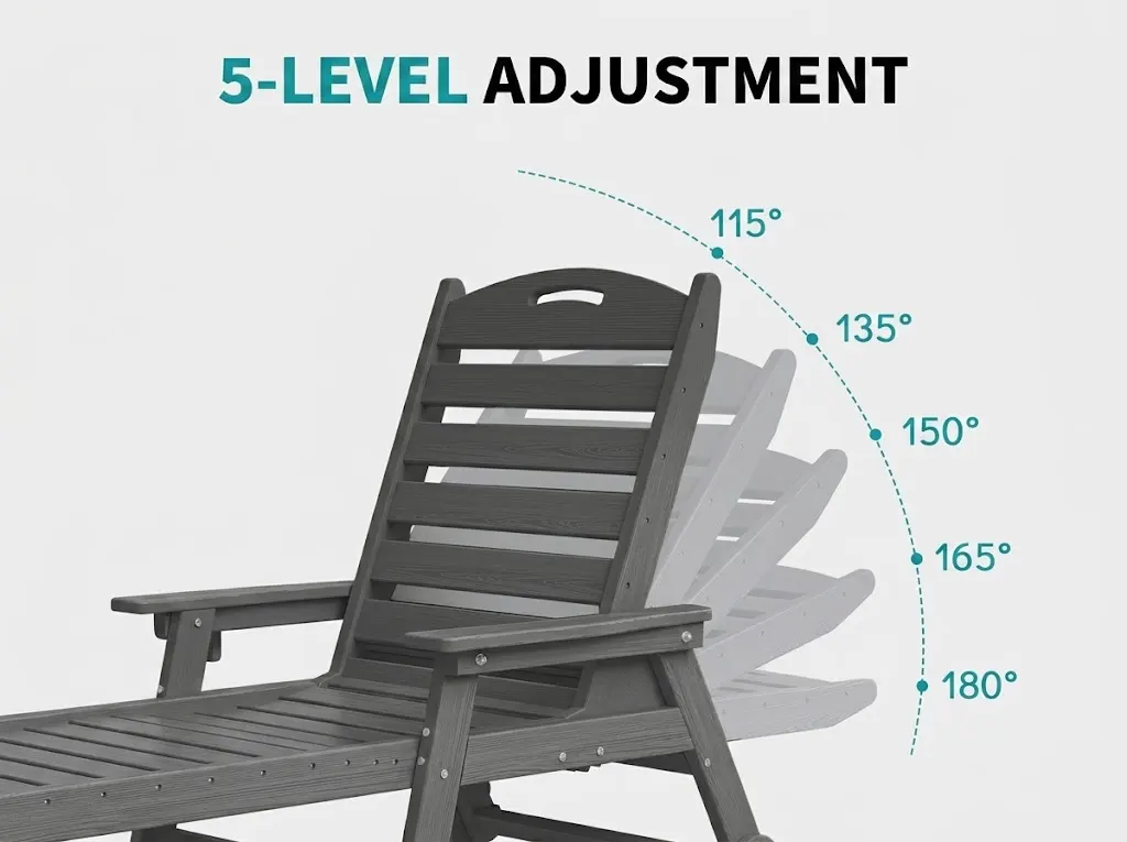 5-position adjustable backrest HDPE chaise lounge chair ranging from 115 to 180 degrees