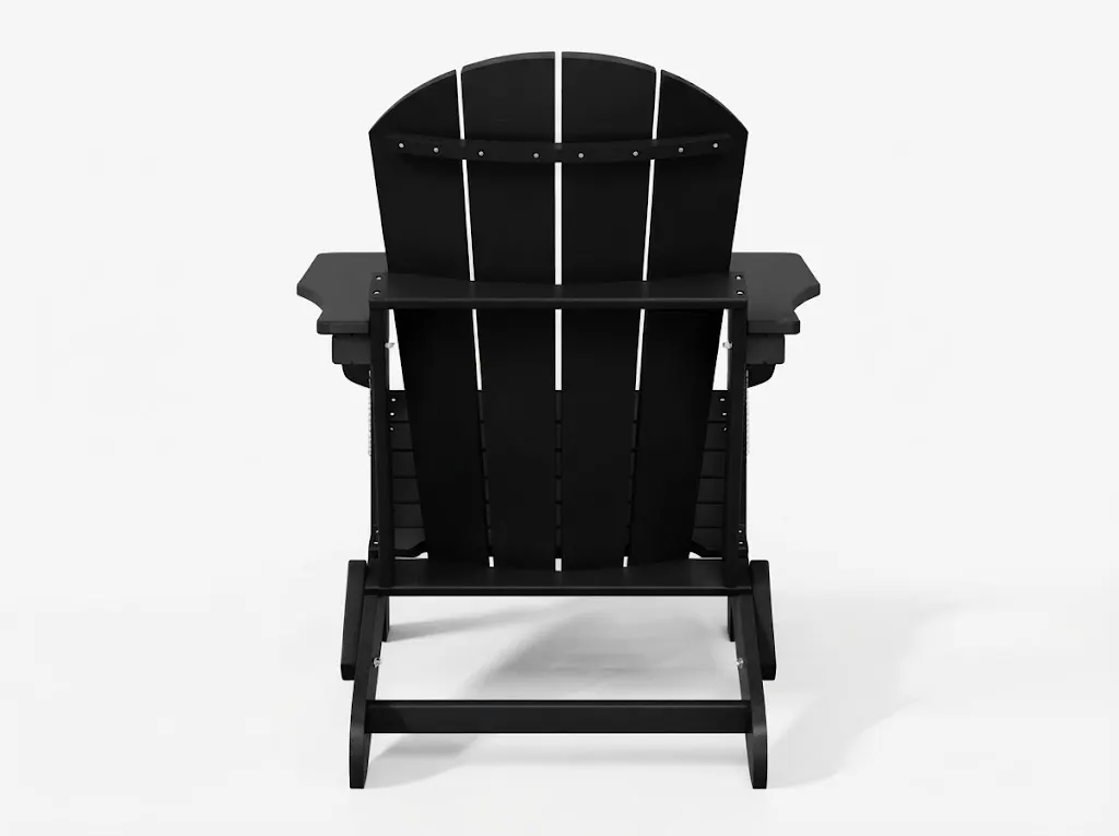 Back view of black HDPE Adirondack chair highlighting slat back design and weather-resistant wholesale build