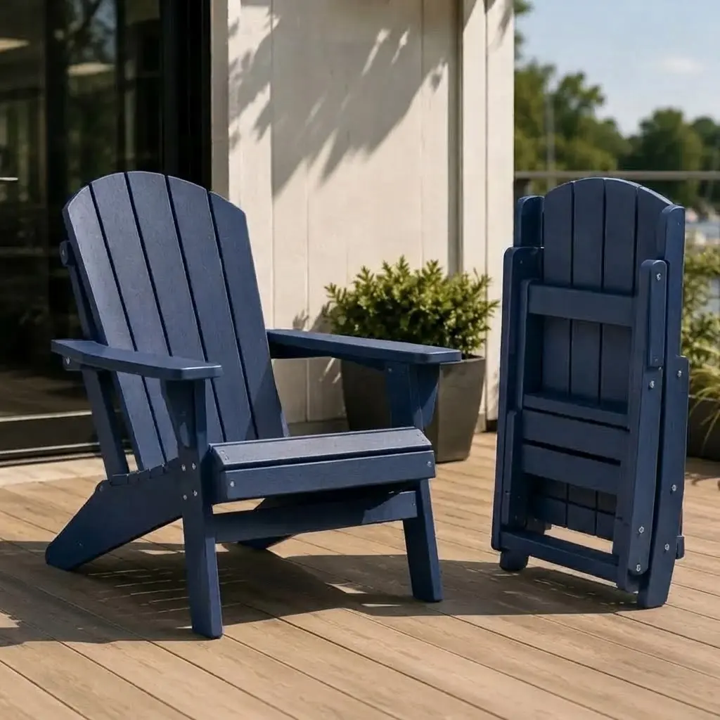 Dark blue folding HDPE Adirondack chair set for wholesale and retail storage programs