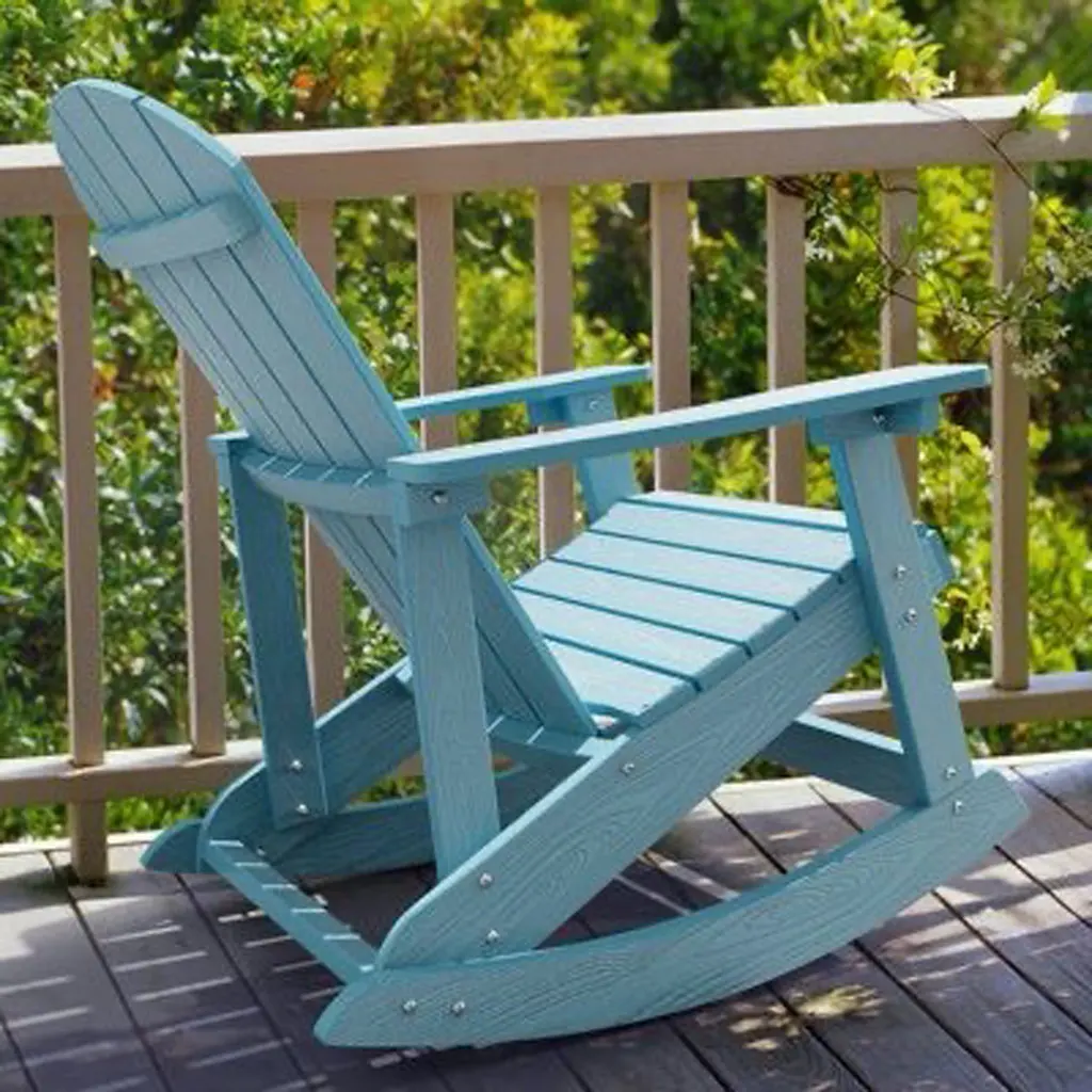 Light blue HDPE rocking Adirondack chair for hospitality and commercial outdoor furniture
