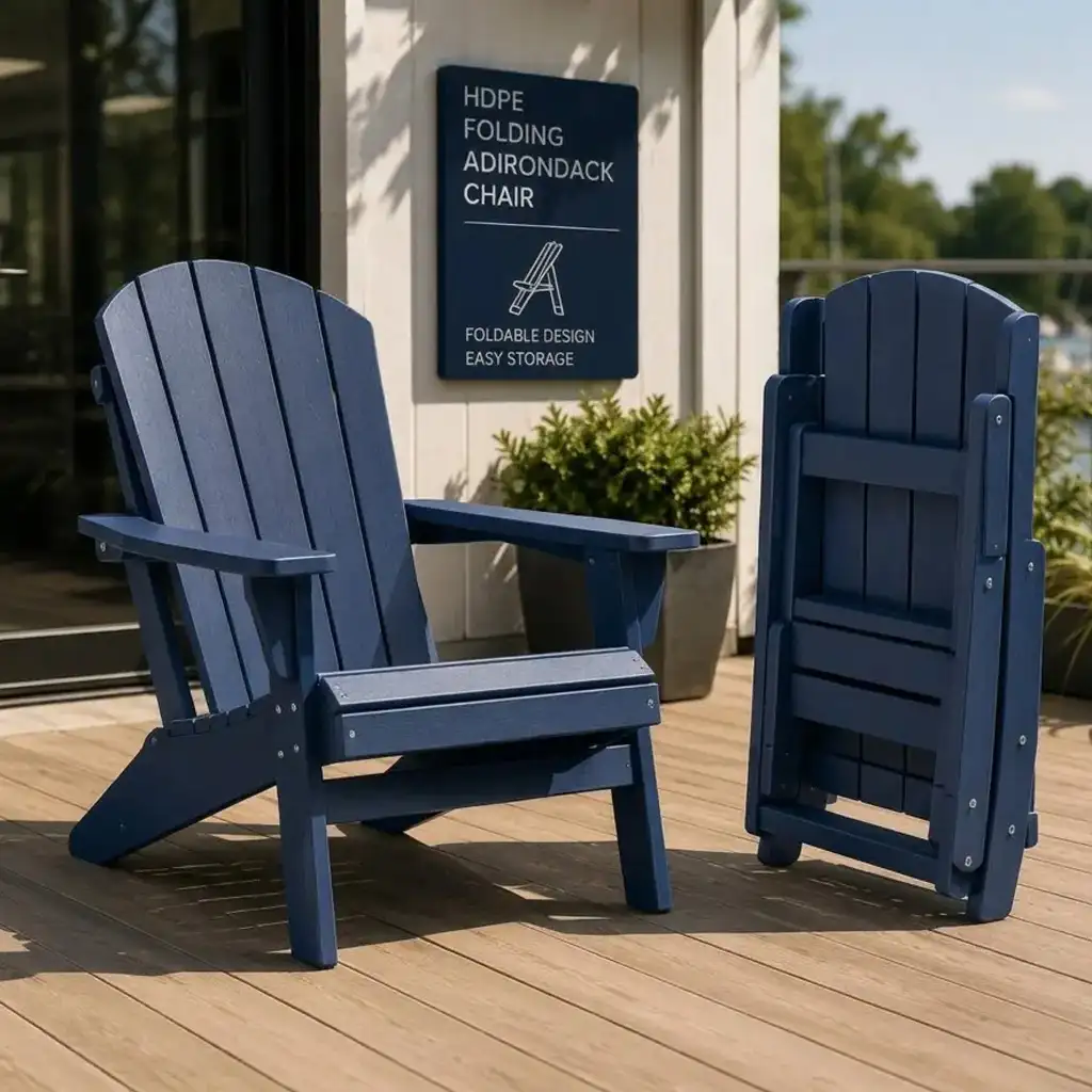 foldable HDPE plastic Adirondack chair showing open and folded position on outdoor deck