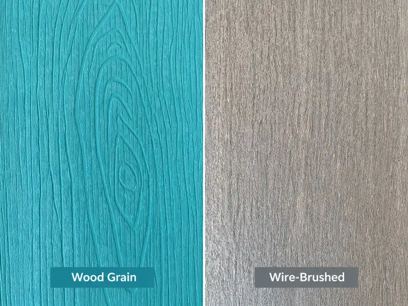 Close-up wood grain and wire-brushed surface texture samples for custom HDPE Adirondack Chairs production