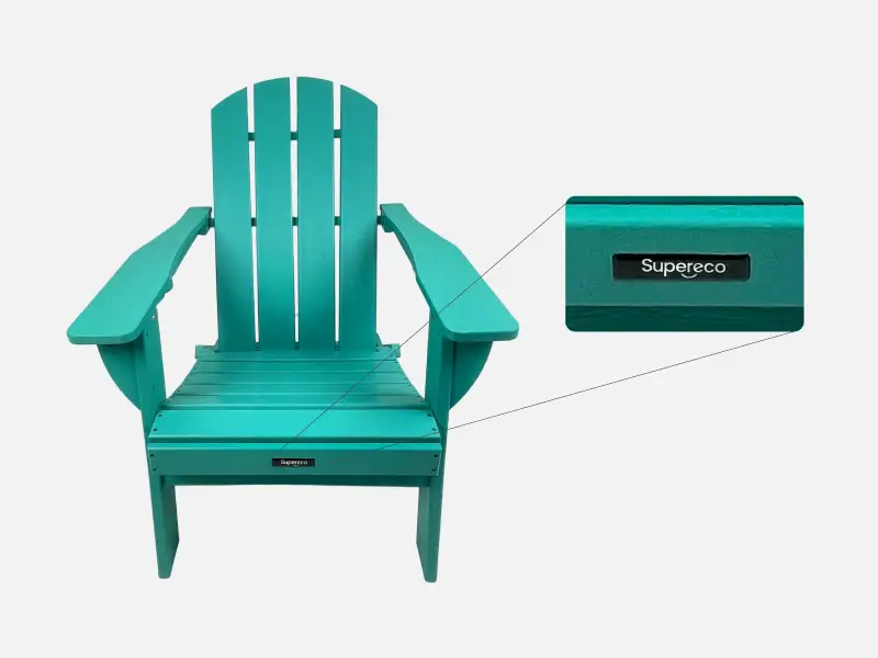 Teal HDPE Adirondack chair with custom brand logo badge for private-label wholesale programs
