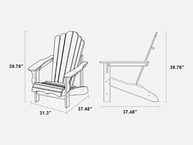 Technical dimension blueprints and line drawings of HDPE Adirondack chairs for custom sizing projects
