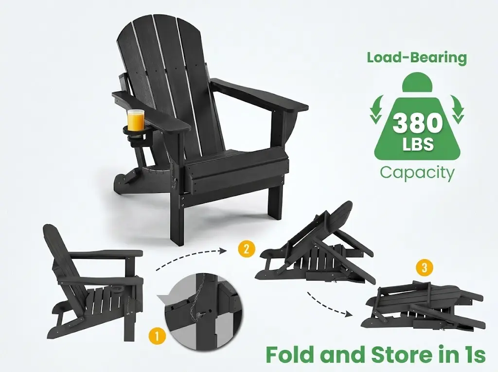380 lbs load-bearing capacity and step-by-step folding guide for HDPE Adirondack chair