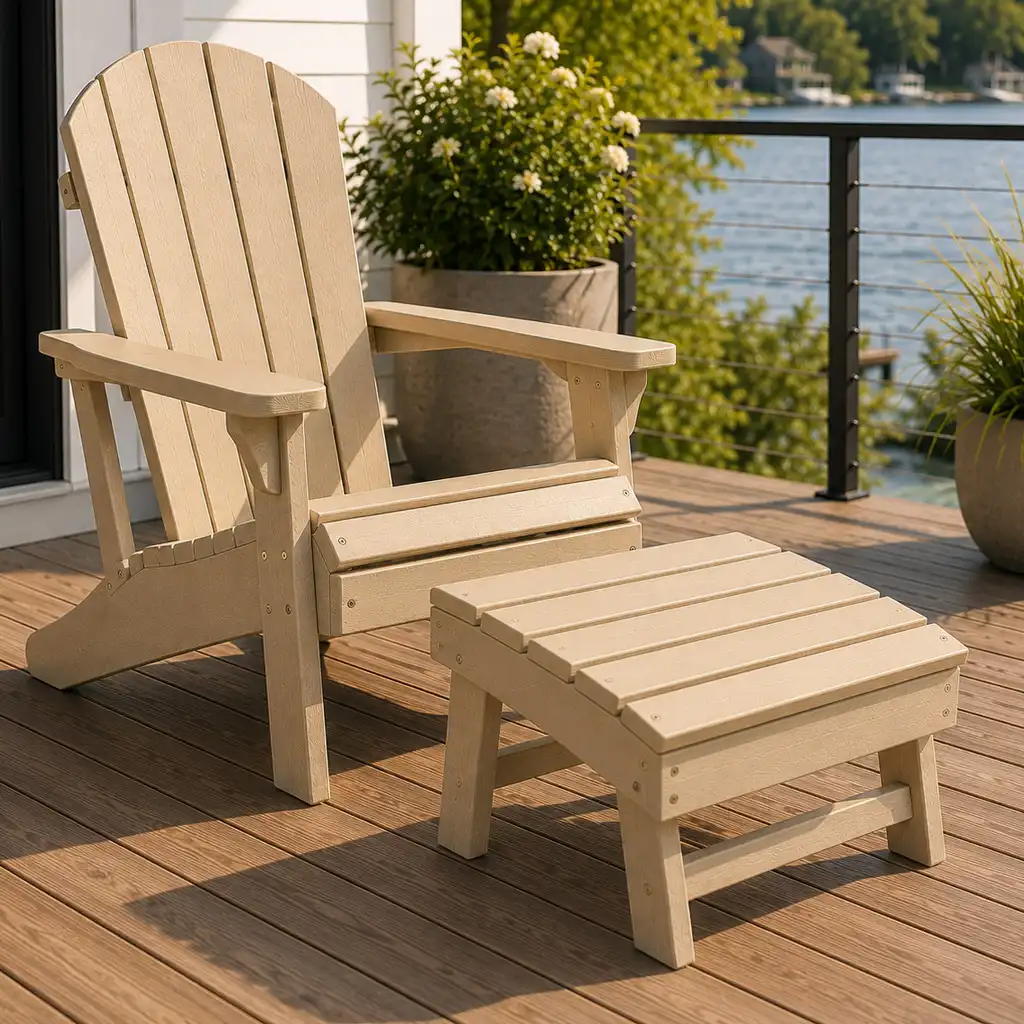 Sand-colored HDPE Adirondack chair with matching ottoman for extended outdoor seating collections