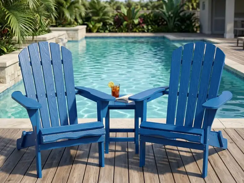 Bulk HDPE Adirondack chairs set of 2 with side table on swimming pool deck for luxury resort and hotel outdoor seating