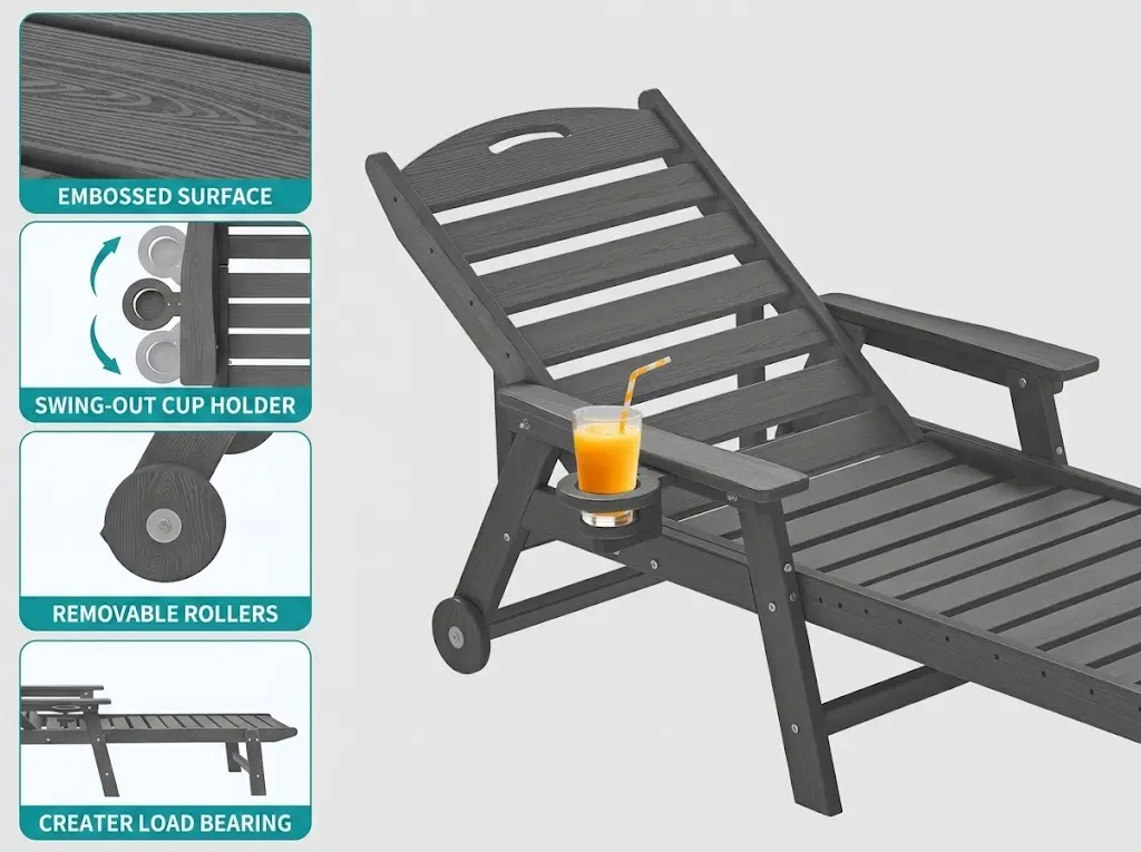 HDPE patio lounge chair details showing swing-out cup holder and removable rollers
