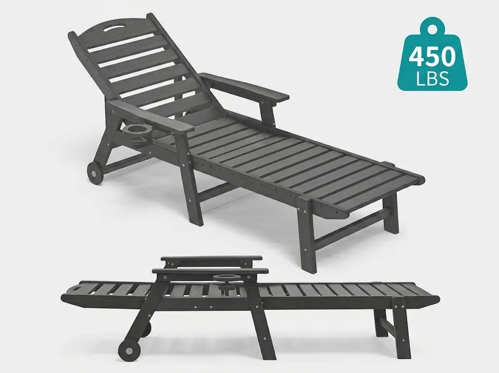 Fully flat reclining HDPE chaise lounge chair with 450 lbs load capacity
