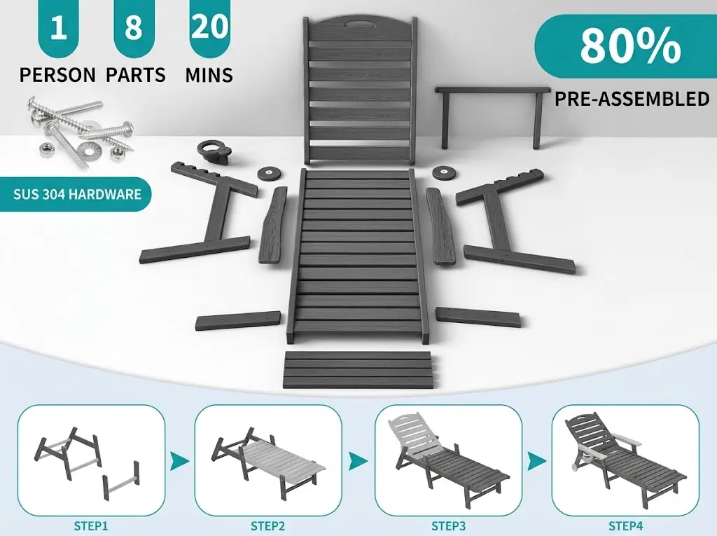 Easy assembly HDPE chaise lounge with 304 stainless steel hardware parts