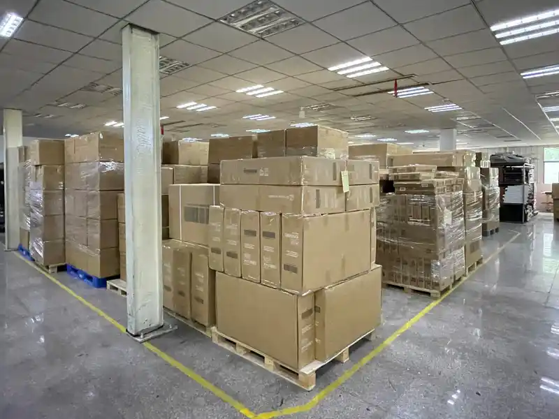 Export packaging and packaged HDPE chaise lounges in warehouse ready for container loading
