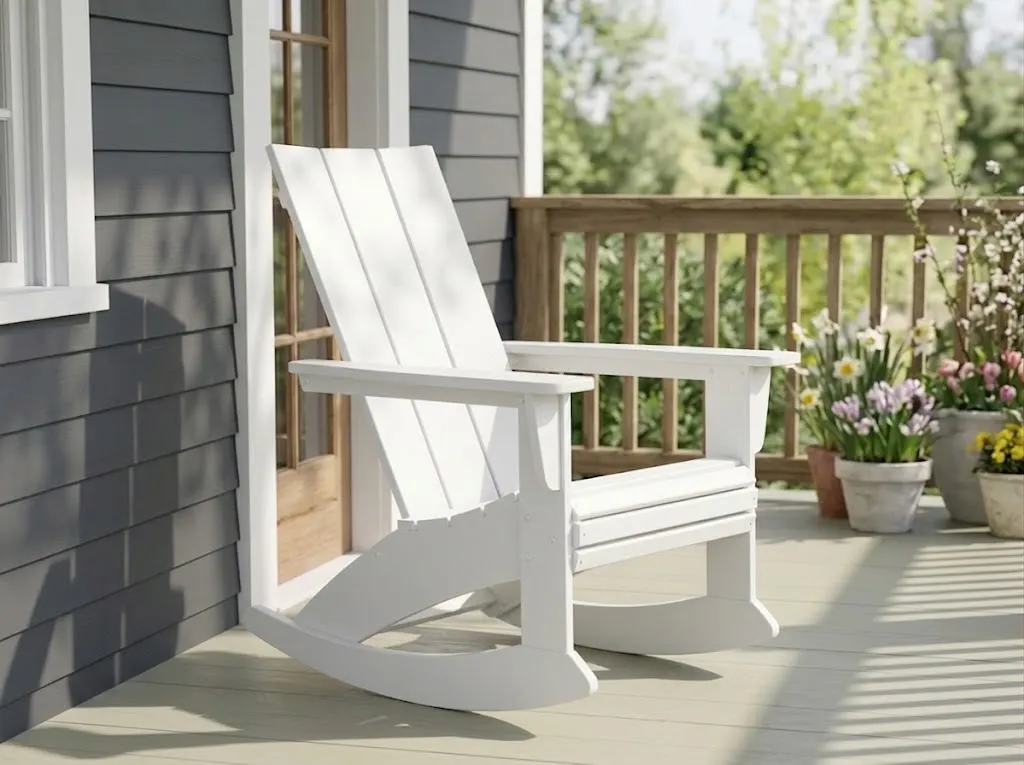 Bulk White HDPE Modern Rocking Adirondack Chair, Durable Outdoor & Deck Furniture