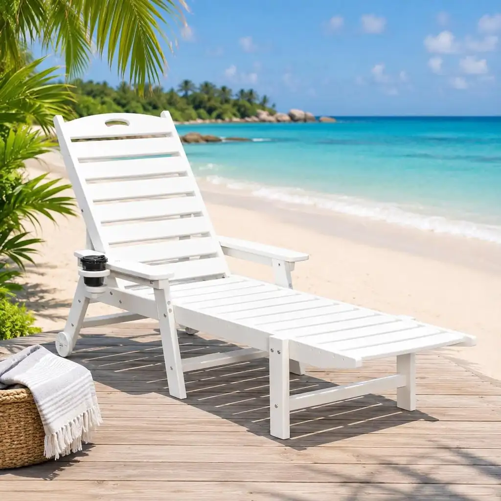 All-weather white HDPE chaise lounge on sandy beach deck for coastal resorts
