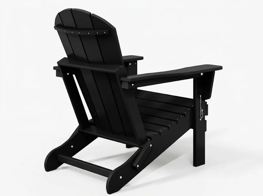 Rear-side view of black HDPE Adirondack chair showing wood grain finish and stable structure for bulk sourcing