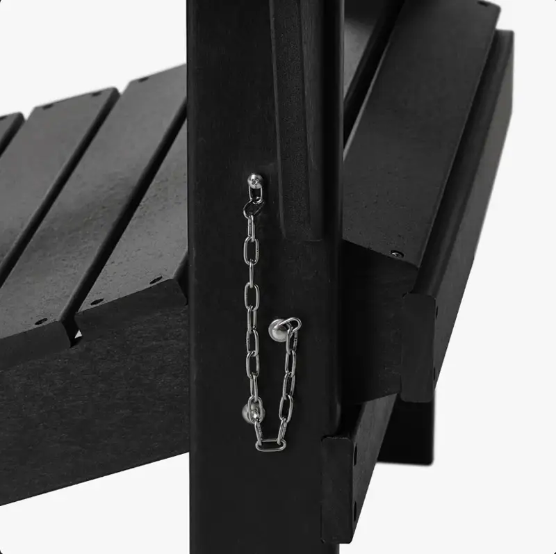 Detail shot of 304 stainless steel locking chain hardware on black HDPE folding chair frame