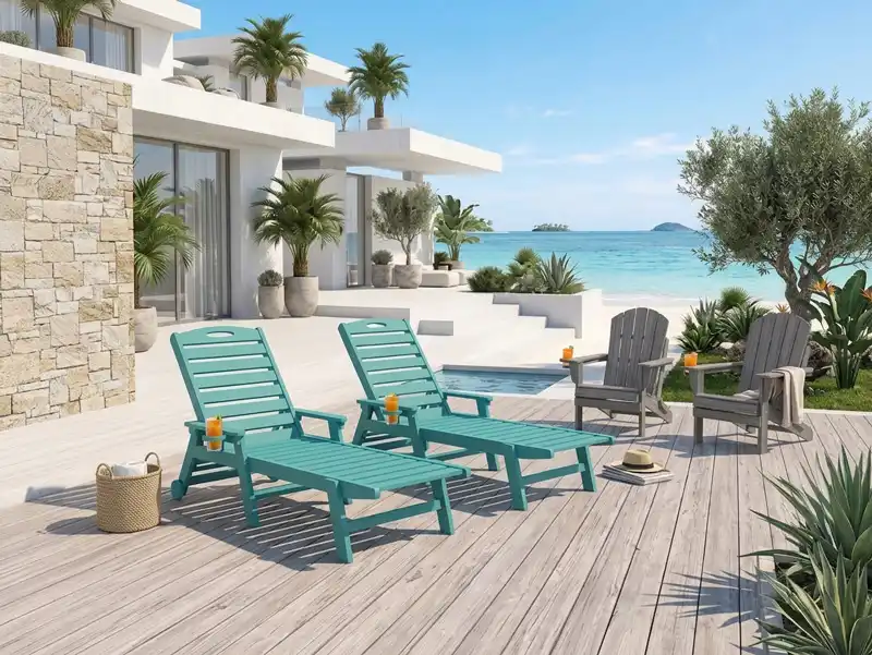 All-Weather Turquoise lounge chairs and HDPE Adirondack chairs on a coastal pool deck.