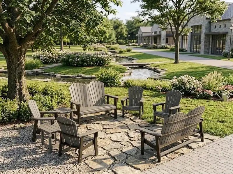 Grey HDPE outdoor benches and Adirondack Chairs in a landscaped public park area
