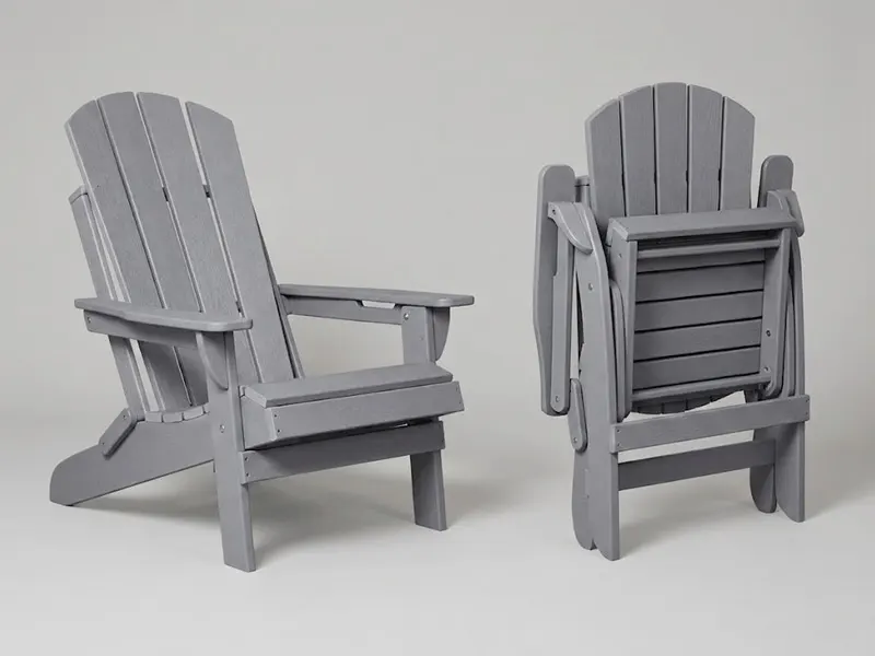 Grey HDPE folding Adirondack chair shown set up for seating and folded flat side by side