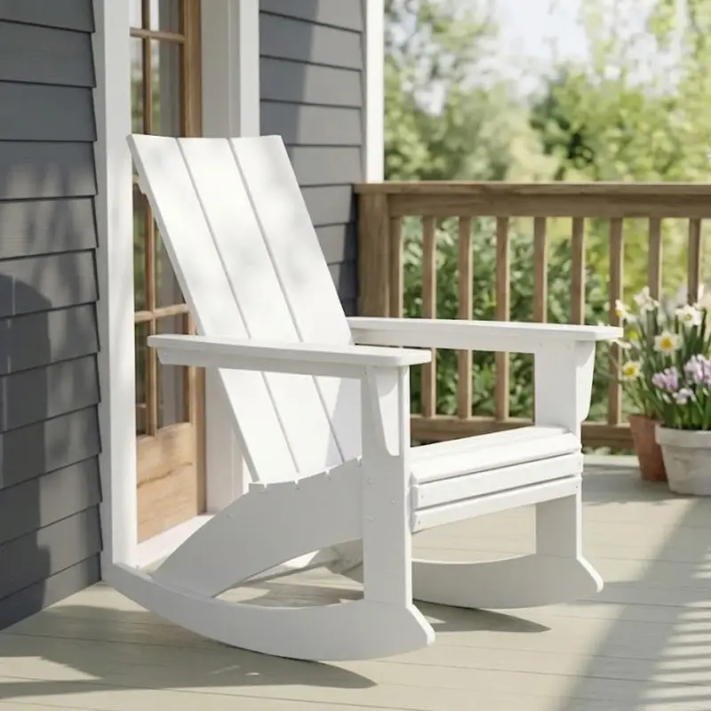 Commercial-grade white HDPE modern Adirondack rocking chair for patio and garden, all-weather rust-proof outdoor furniture.