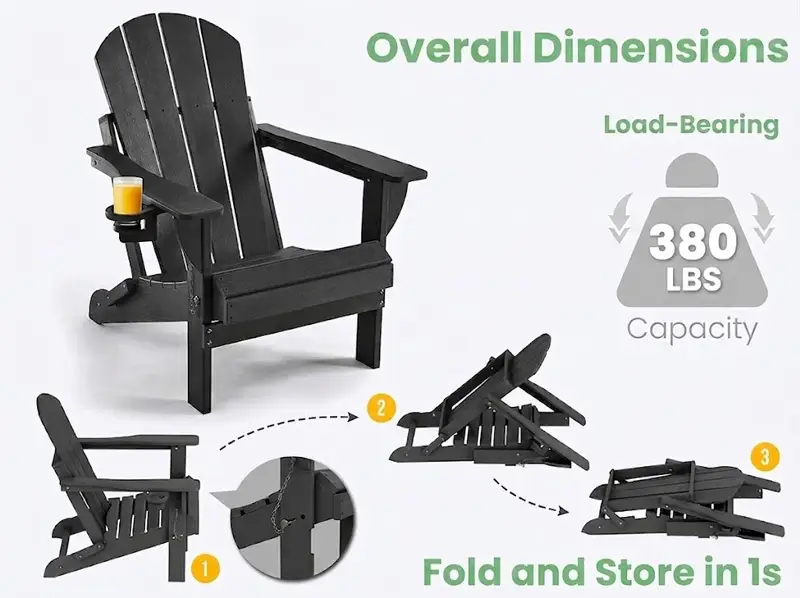 Black HDPE folding Adirondack chair dimensions diagram showing 380 lbs load capacity and 1-second folding steps