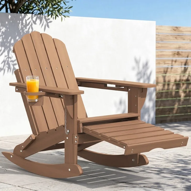 Brown HDPE rocking Adirondack chair with built-in cup holder and retractable ottoman for commercial outdoor decks