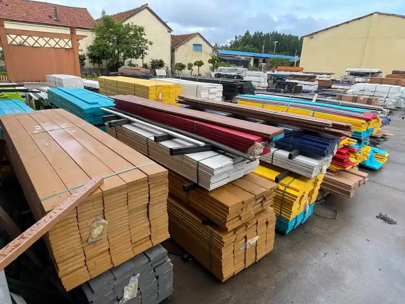 Colorful raw HDPE lumber profile boards stored in factory yard for custom patio furniture