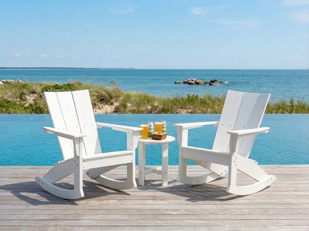 White coastal-grade HDPE rocking chairs for beachfront properties, marine environments, and leisure club furniture projects