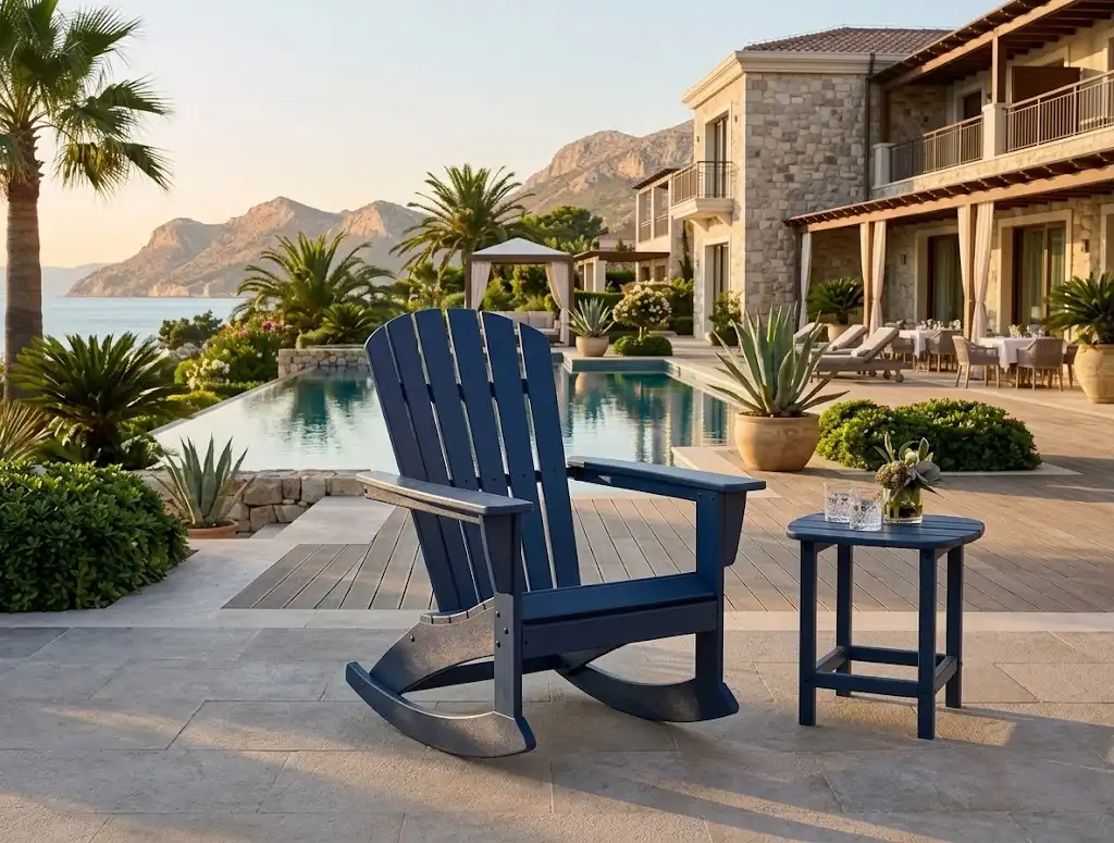 Bulk navy blue HDPE rocking Adirondack chairs for luxury hotel resort patios and poolside hospitality furniture projects