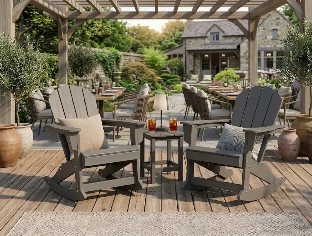 Gray HDPE Adirondack rocking chairs and table sets for commercial restaurant patios, café terraces, and bistro dining projects