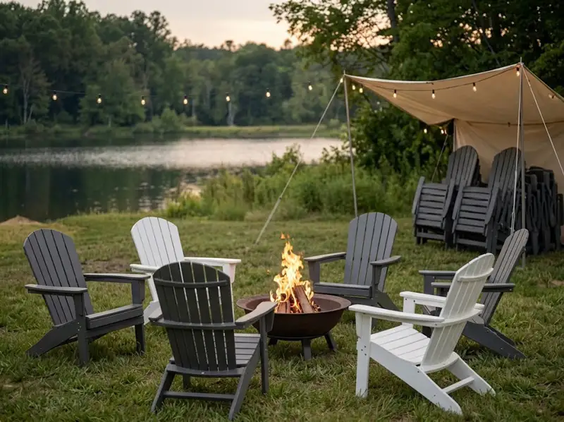 Outdoor campsite fire pit seating area with HDPE folding Adirondack chairs and stacked chairs under a tent canopy