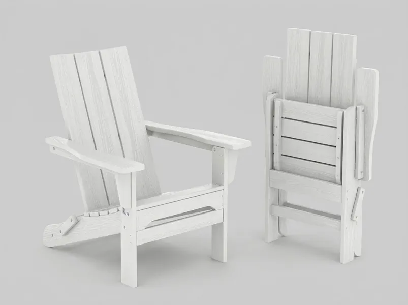 White modern square-back HDPE folding Adirondack chair featuring clean lines shown open and compact folded