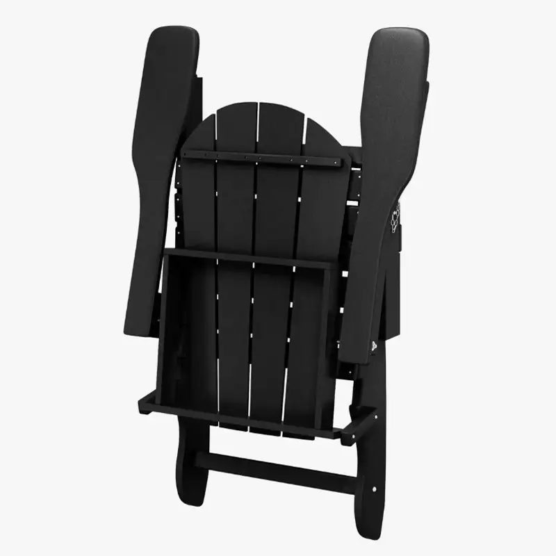 Back view of black folding Adirondack chair in folded position showing reinforced frame mechanism