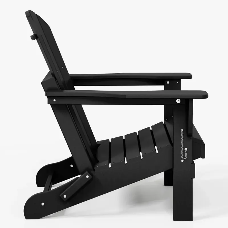 Side profile of heavy-duty black HDPE folding Adirondack chair with stable load-bearing base