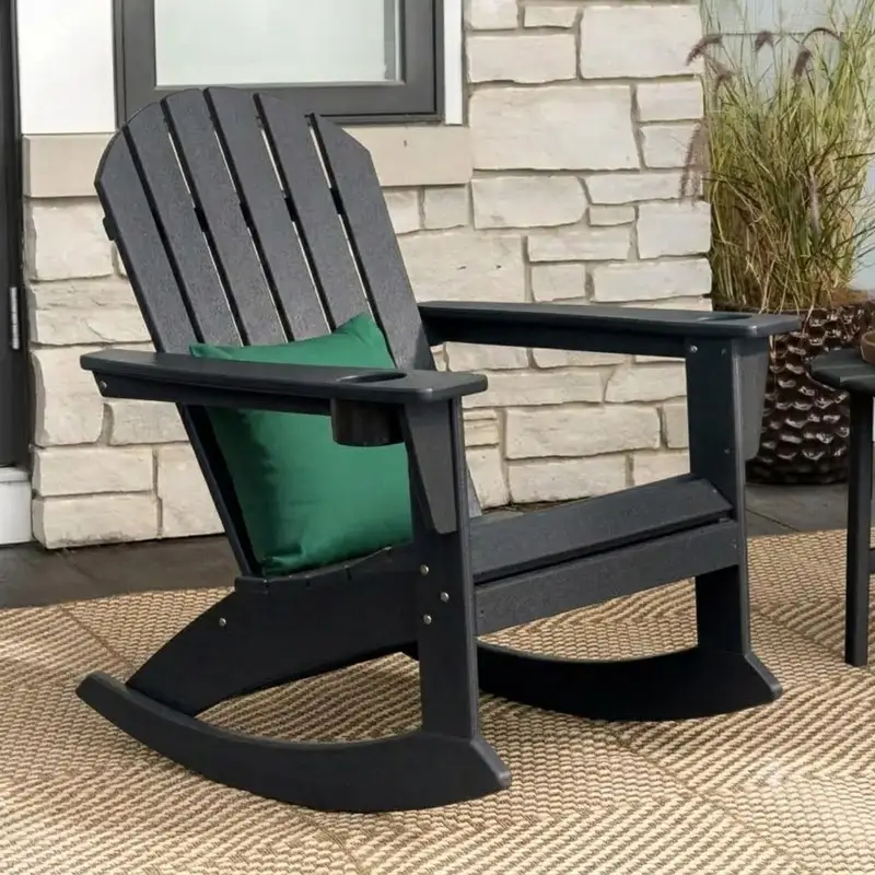 Commercial black HDPE rocking Adirondack chair with heavy-duty frame for bulk wholesale orders