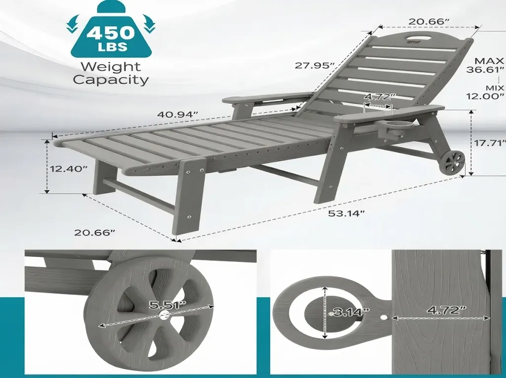Adjustable HDPE Chaise Lounge with Wheels Specification