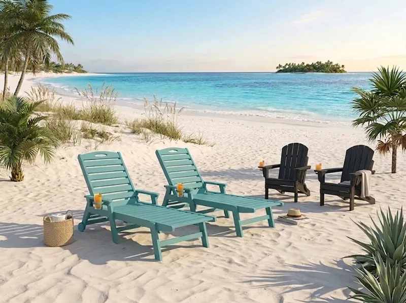 All-Weather Turquoise lounge chairs and HDPE Adirondack chairs on beach.