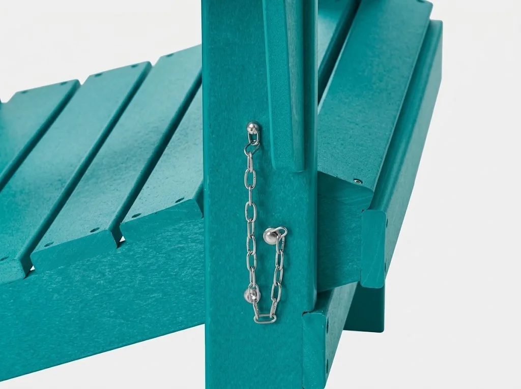 Close-up of secure locking chain hardware on HDPE Adirondack chair for B2B procurement
